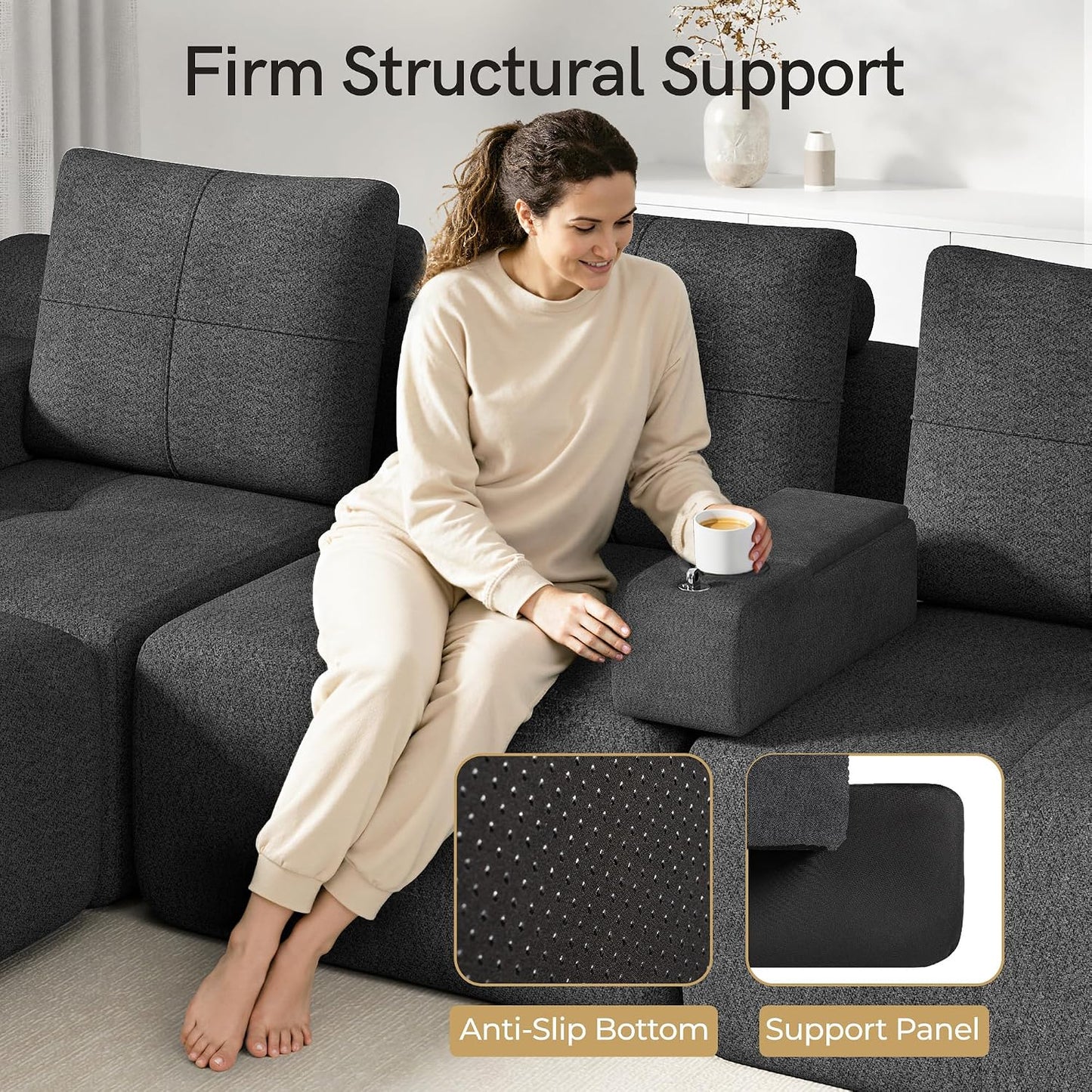 Couch Caddy with Cup Holder, 20.3 Inch White Armrest Console | Removable Sofa Armrest Organizer with Charging and Phone Holder, Storage for Remotes, Snacks and Everyday Essentials
