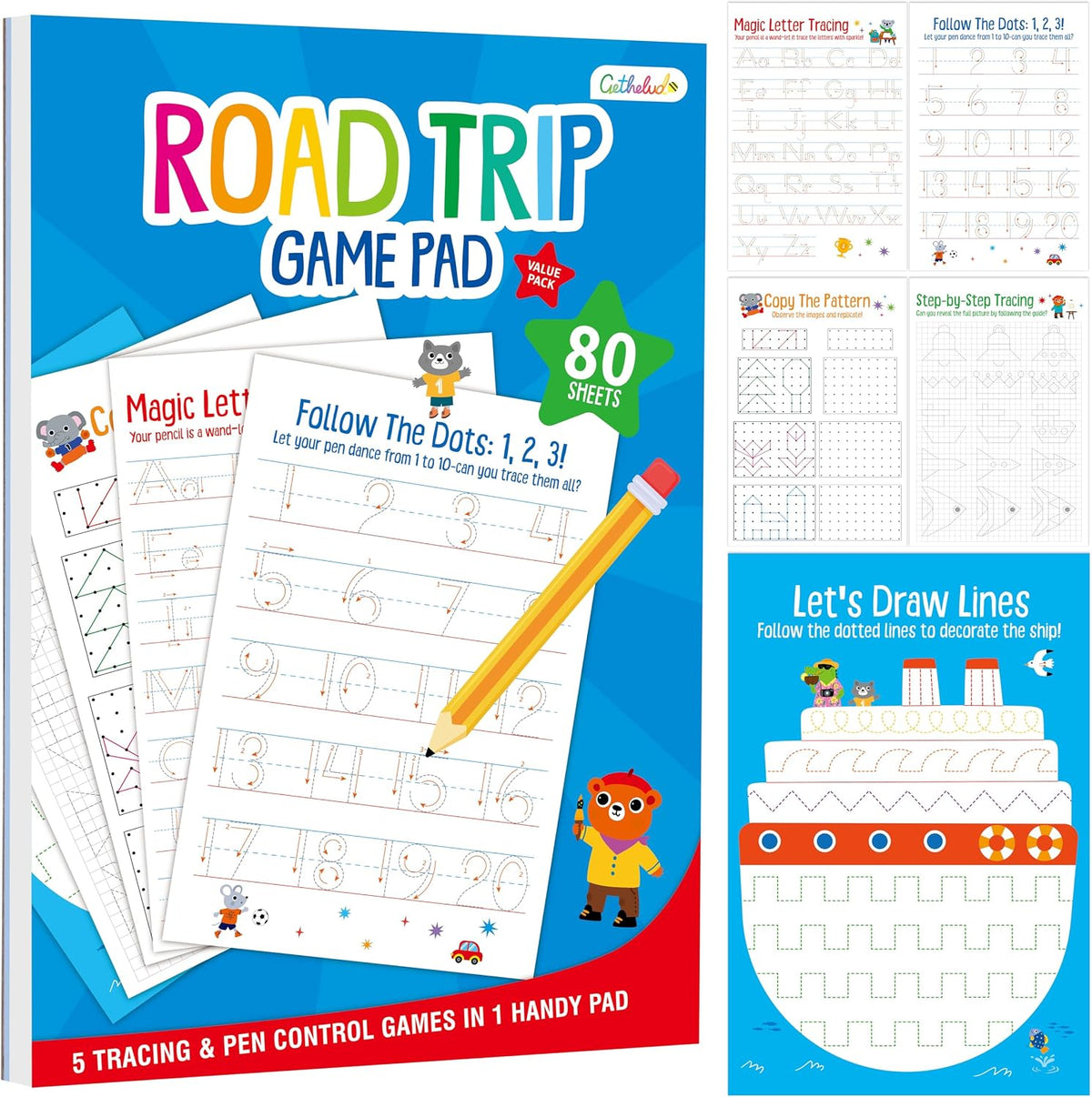 Road Trip Game Pad, 80 Perforated Sheets Travel Activity Pad, 5 Games in 1 Pad, Plane, Car Trip Activity, Pen Pencil & Paper Game for Kids, Adults (6” x 9”)
