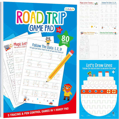 Road Trip Game Pad, 80 Perforated Sheets Travel Activity Pad, 5 Games in 1 Pad, Plane, Car Trip Activity, Pen Pencil & Paper Game for Kids, Adults (6” x 9”)