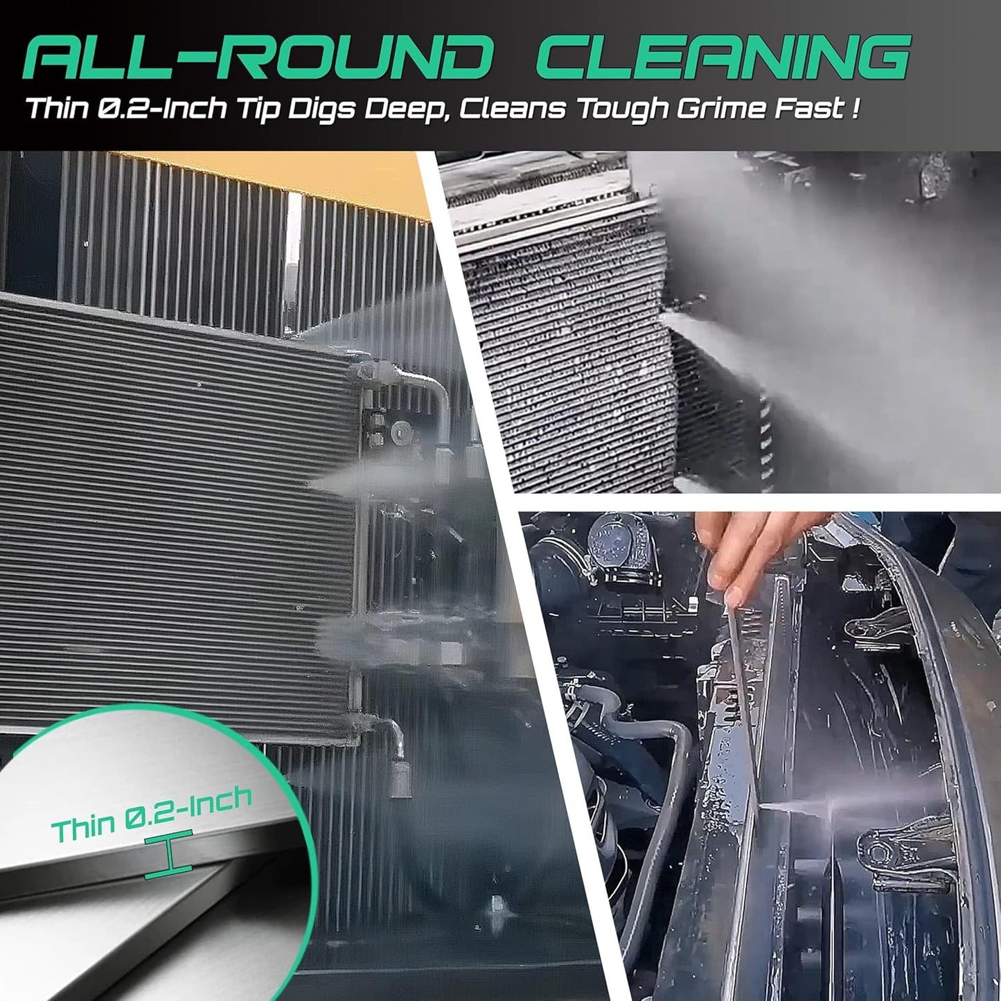 47/24/15" Radiator Cleaning Wand 3P, Water/Air, for Cars/Trucks/Heavy Equip | Water/air, 4500PSI 180° swivel, 0.2in ultra-slim, 25° fan, laser-welded 304SS, no-tear, quick-connect, industrial, saves.