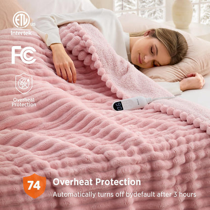 Bedsure Heated Blanket Electric Throw - Thick Striped Fast Heating Electric Blanket with Preheat Function, 6 Heat & 6 Timer (Up to 10H), 8H Auto Off, ETL Certified, Gifts for Women (50"x60", White)