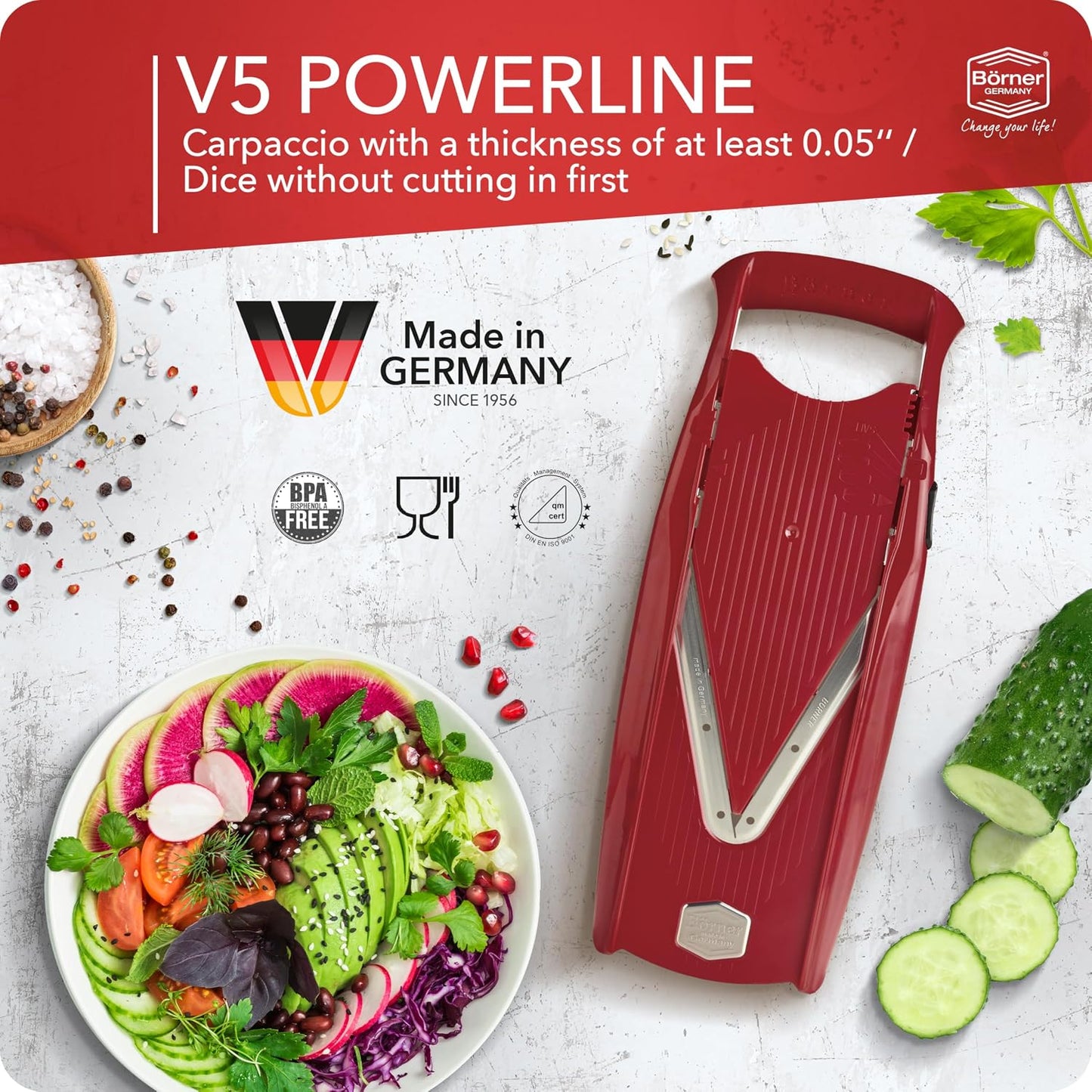 Mandoline Food Slicer Börner V5 (Profi Set) by Reston Lloyd • V-Slicer with 4 Inserts, Docking Station & Food Holder • Made in Germany • Fruit & Vegetable Chopper • Multiple Settings • Color: Lime