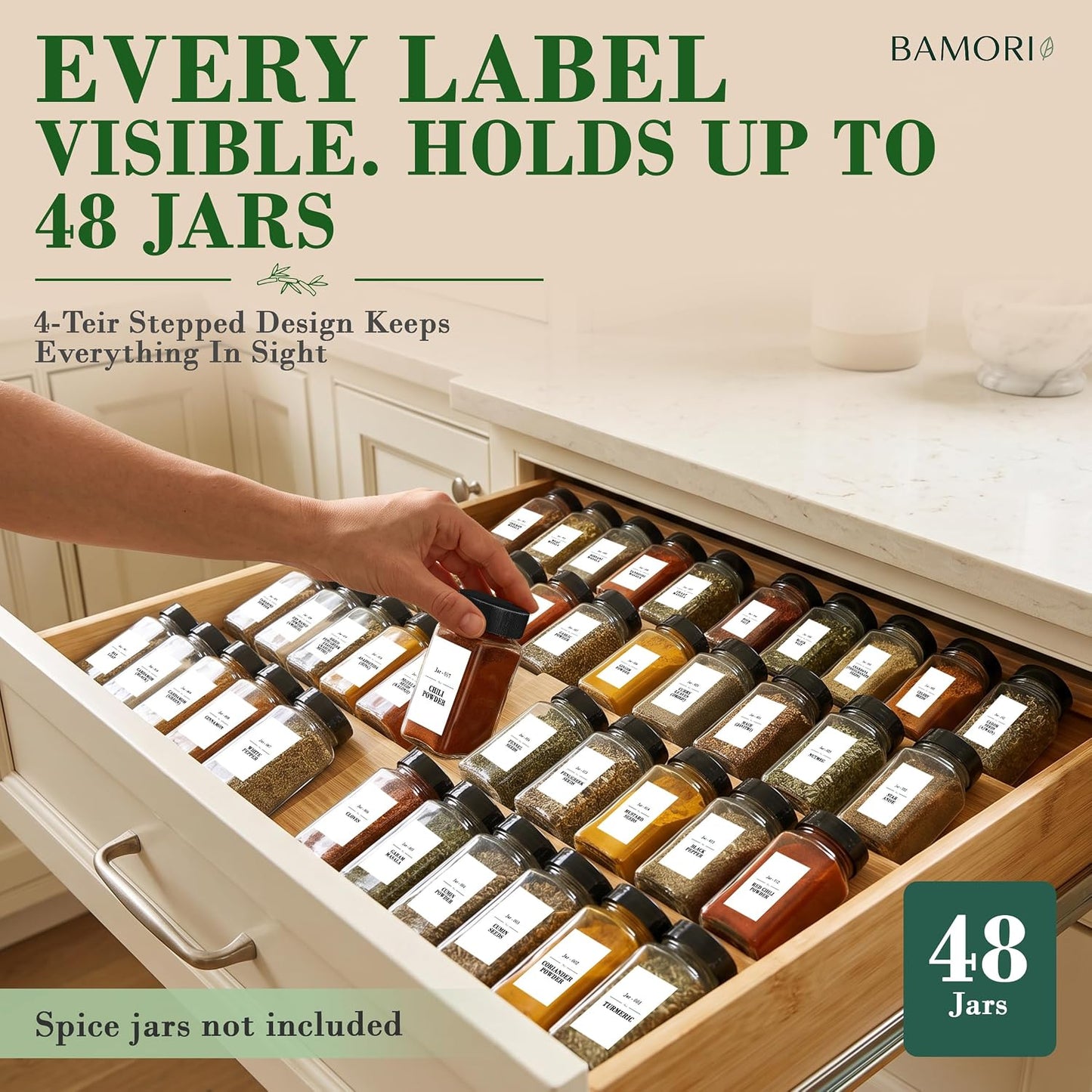 Bamboo Spice Drawer Organizer, Expandable 12 to 23 Inch Insert Holds 48 Jars, 4 Tier Seasoning Rack for Kitchen Drawer or Countertop, Adjustable Wood Spice Organizer