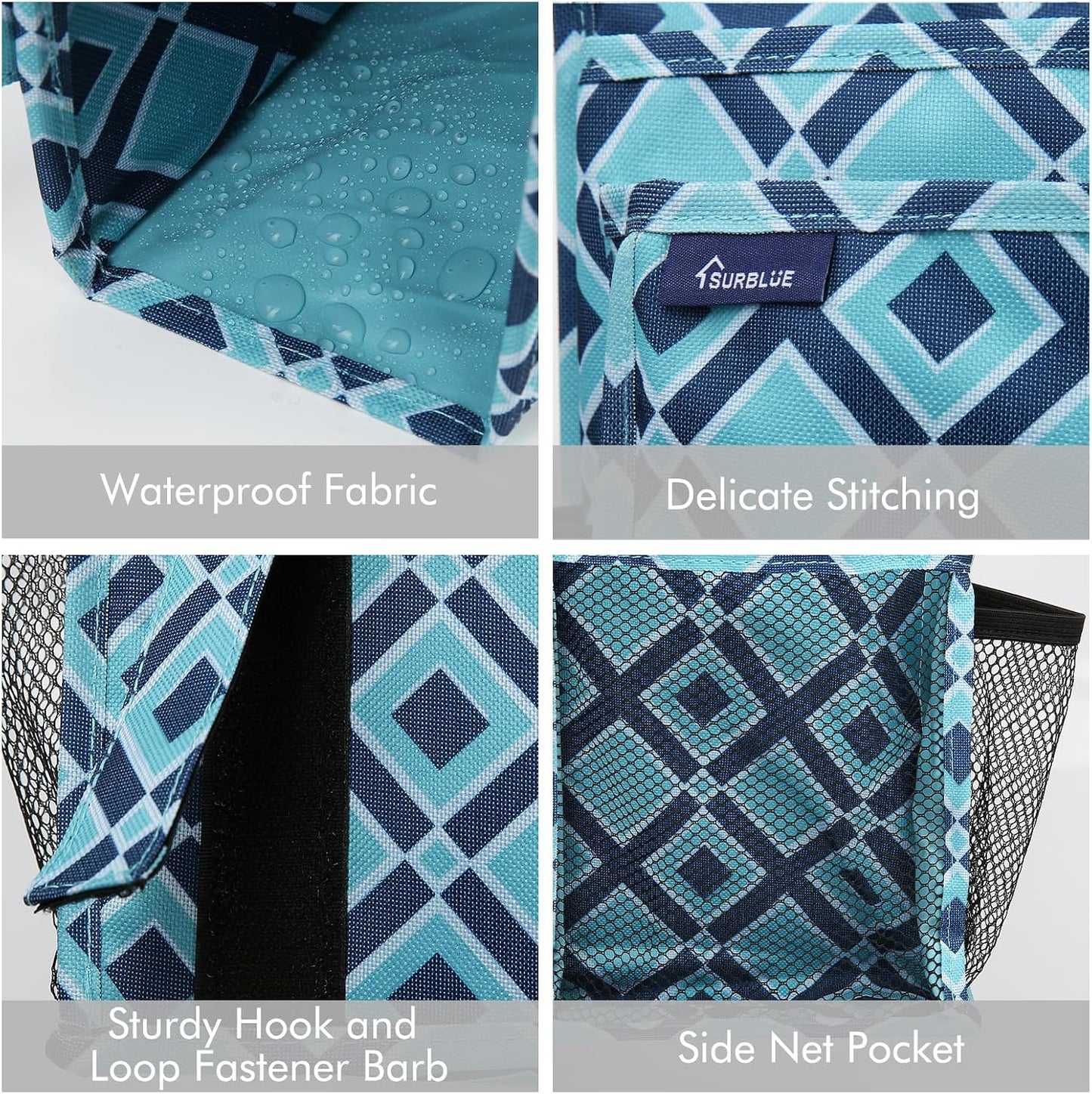 Surblue Bedside Caddy Hanging Organizer Storage Bag Pocket for Bunk, Hospital, College Dorm Rooms, Baby Bed Rails, Camp - 4 Pockets, 2 Hooks (Blue)