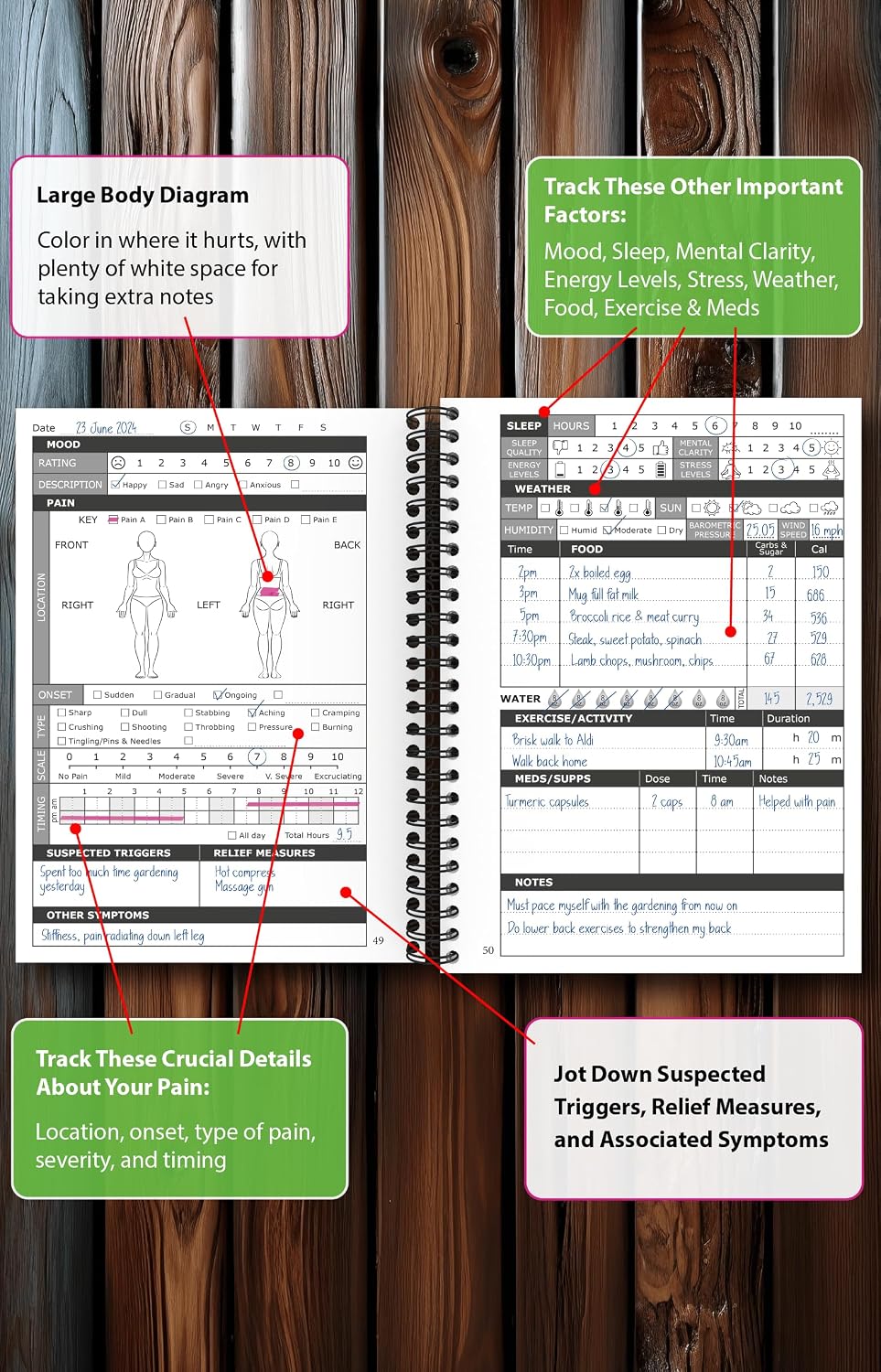 OptiLiving Publishing Chronic Pain Journal For Women – Track and Manage Your Pain by Identifying & Eliminating Triggers | A5 Spiral Bound