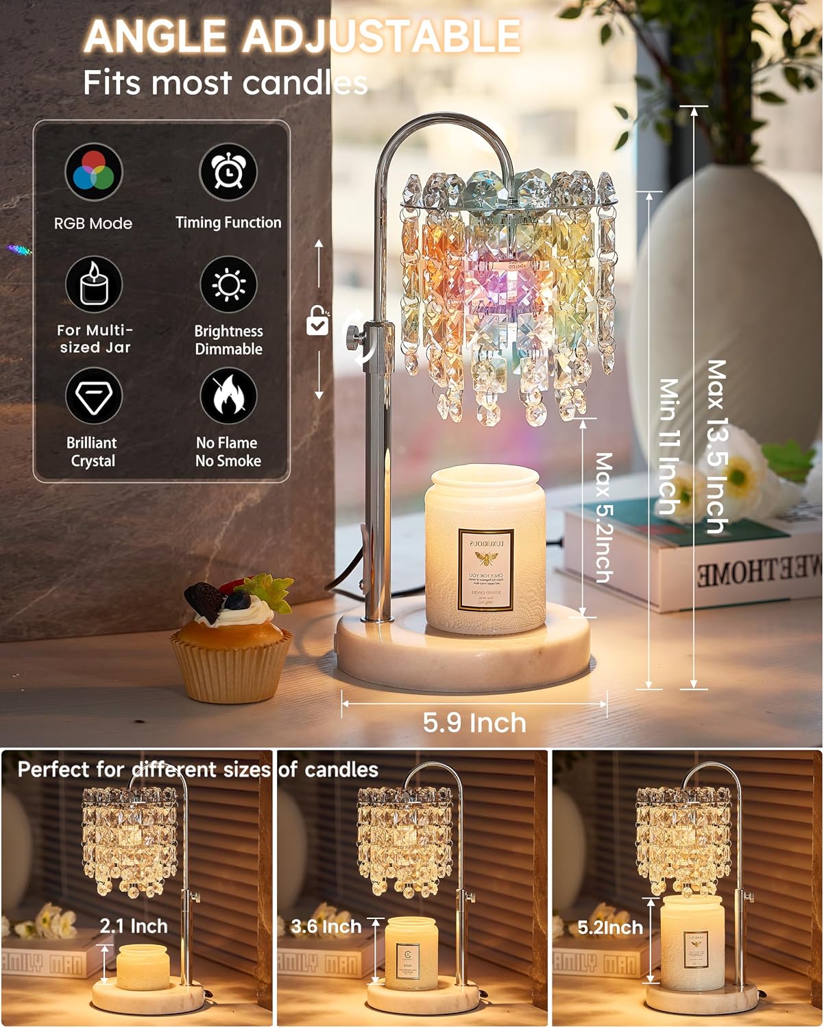 Candle Warmer Lamp with Timer Dimmer Adjustable Height Candle Warmer with Marble Base for Jar Candles,Candle Lamp with 3 Bulbs for New Home Decor, Women Mom Christmas Birthday Gifts, French Gold