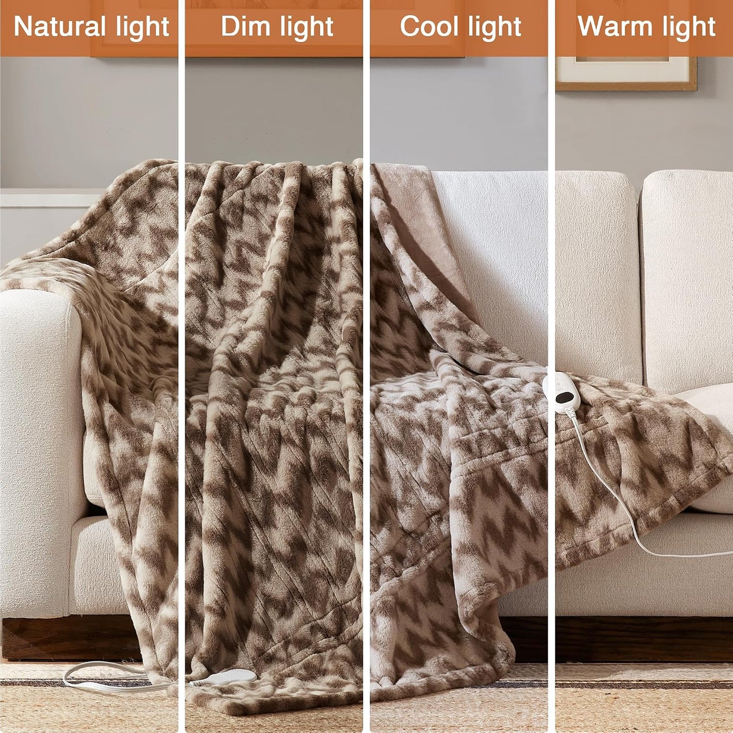 Beautyrest Long Brushed Faux Fur Ogee Textured Design Electric Blanket, Auto Shut Off, Virtually Zero EMF, Multi Heat Setting, UL Certified, Machine Washable, Grey Throw 50x60