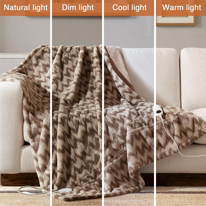 Beautyrest Long Brushed Faux Fur Ogee Textured Design Electric Blanket, Auto Shut Off, Virtually Zero EMF, Multi Heat Setting, UL Certified, Machine Washable, Grey Throw 50x60