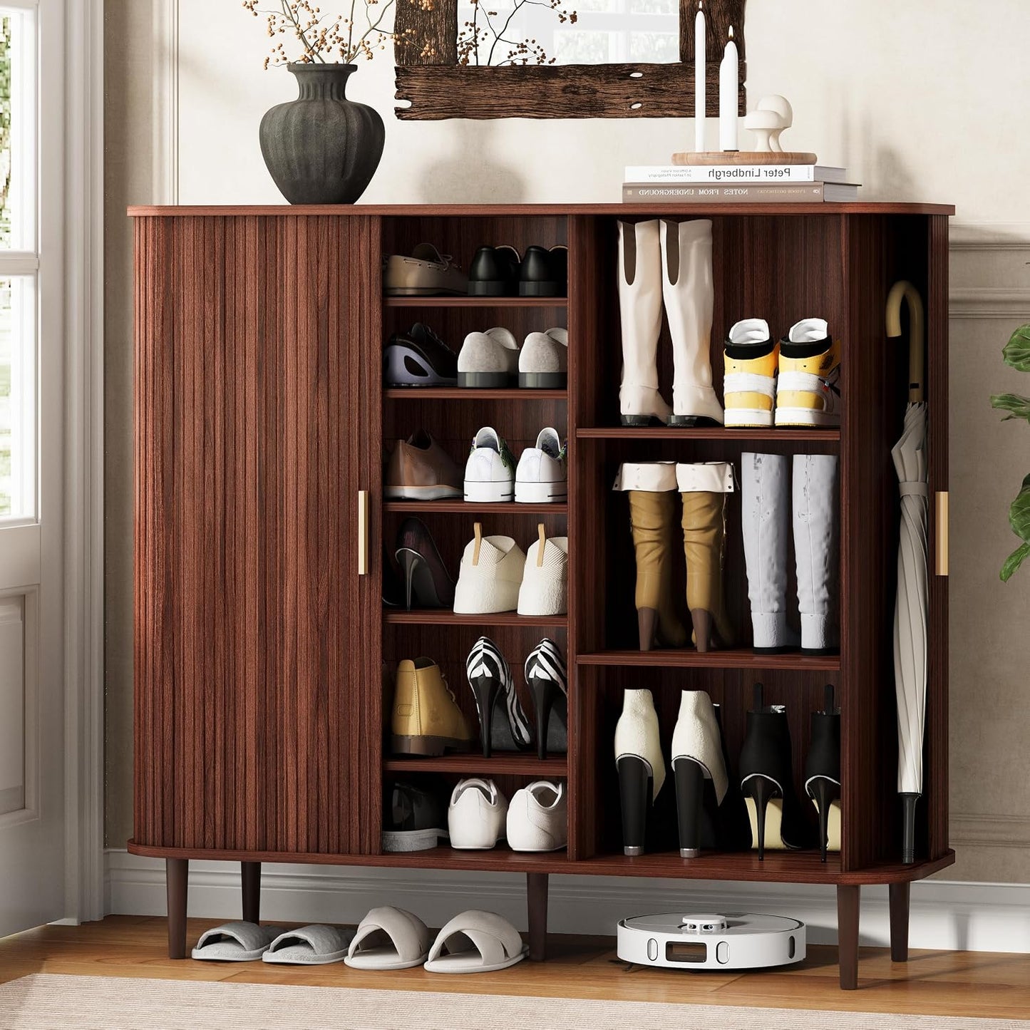 DHH Shoe Storage Cabinet with Sliding Door, 6-Tier Shoe Cabinet with Adjustable Shelves, Modern Freestanding Shoe Storage Organizer for Entryway, Hallway, Living Room (Walnut, 47 ")