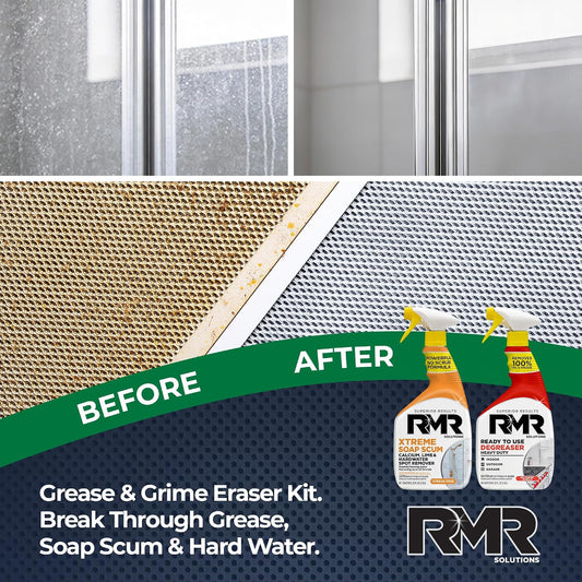 RMR Grease & Grime Eraser Kit – Degreaser & Cleaner + Xtreme Soap Scum Remover, Fast-Acting Kitchen & Bathroom Cleaning System for Grease, Soap Scum, Calcium & Hard Water Buildup, 2–32 Oz Bottles