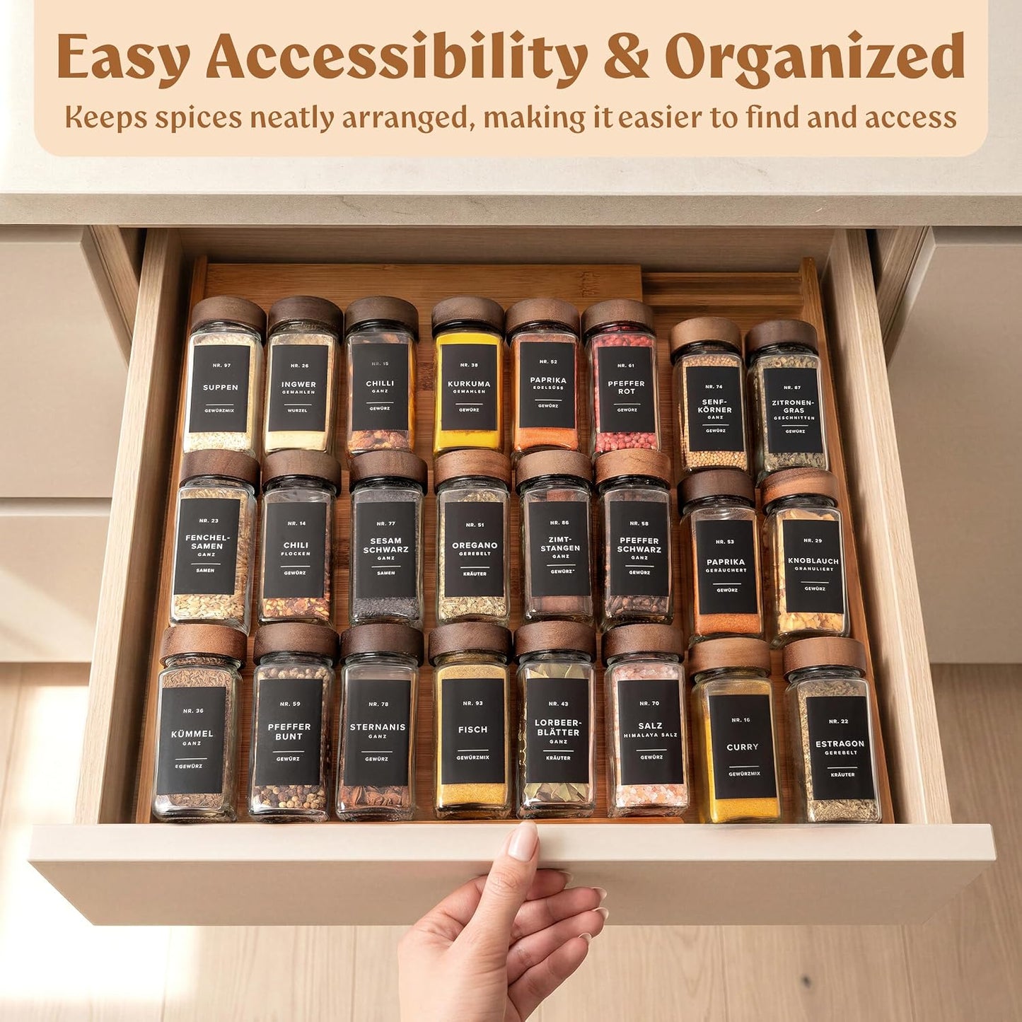 Bamboo Spice Drawer Organizer - Expandable 4 Tier Spice Rack (Need 3" Deep Drawer) 12" to 24" Wide, Seasoning Organizer, Organization Seasoning Rack insert (Jars Not Included)