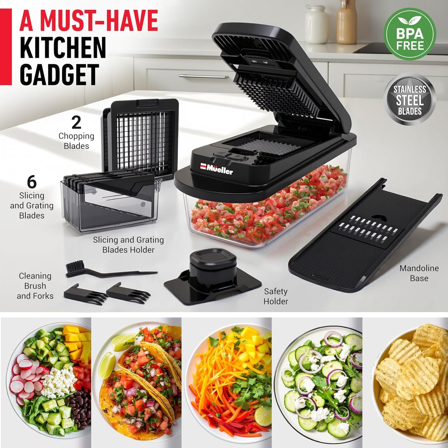 Mueller The Real Original Pro Vegetable Chopper & Mandoline Slicer, 10-in-1 | since 2013, 8 Blade Food Veggie Chopper, Onion Vegetable Cutter with Container, Kitchen Gadgets & Essentials