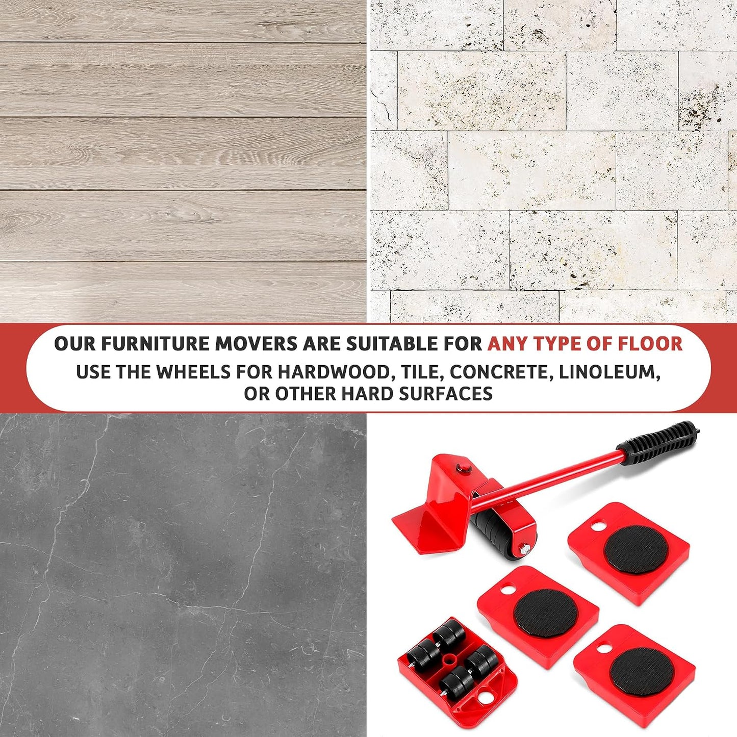 Furniture Lifter Tool with Sliders, Fridge Mover Set Up to 220 Lbs | Sofas, Tables, and Dressers Glide Easily with 360° Wheels | Non-Scratch Sliders Protect Hardwood Floors