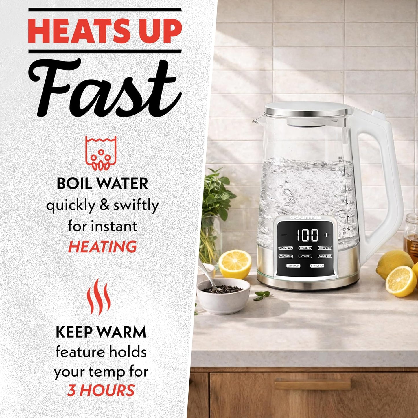 Gourmia Electric Glass Kettle – 1.7L Programmable Tea & Coffee Brewer with Digital Touch Display, 6 Presets, Removable Stainless Steel Infuser, Cordless with 360° Swivel Base, Black