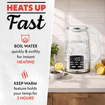 Gourmia Electric Glass Kettle – 1.7L Programmable Tea & Coffee Brewer with Digital Touch Display, 6 Presets, Removable Stainless Steel Infuser, Cordless with 360° Swivel Base, Black
