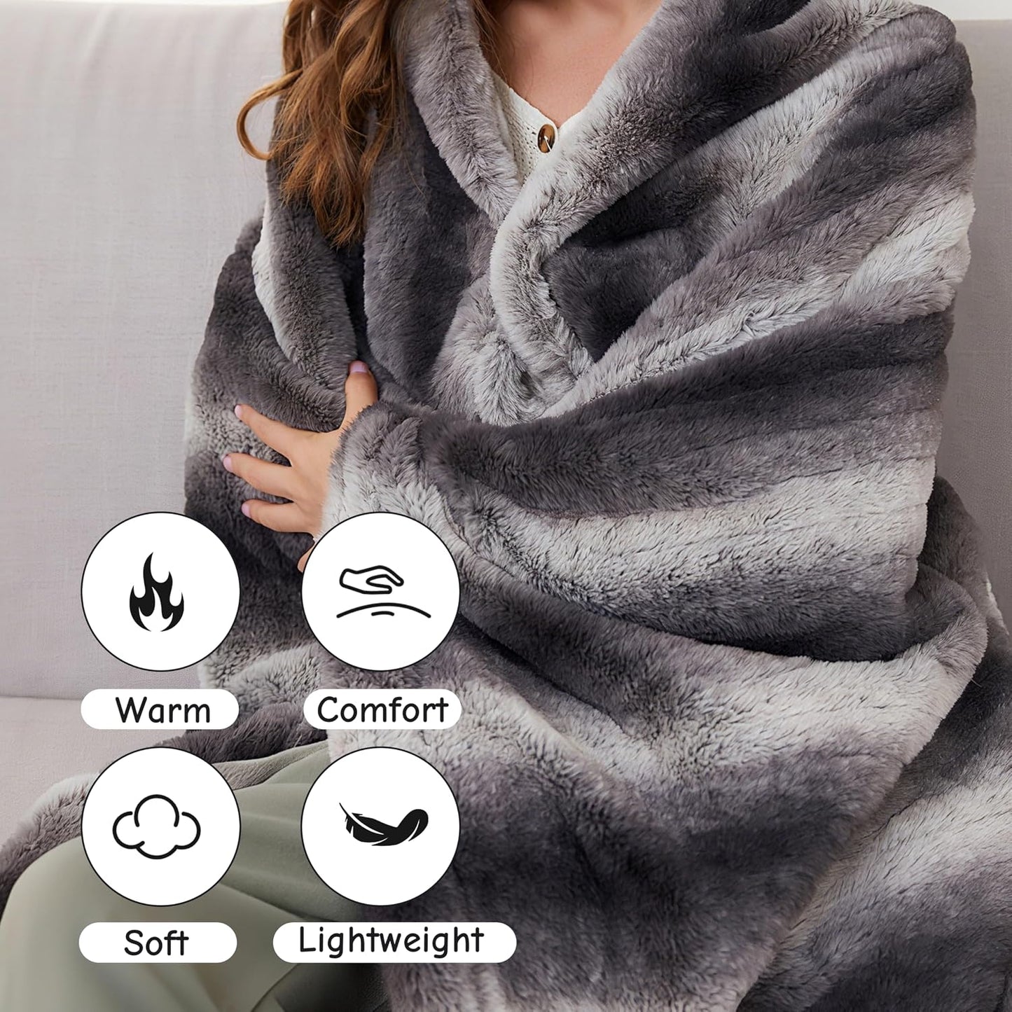 Soypipo Electric Heated Throw Blanket 50"x60", Faux Fur Plush with 4 Heat Settings & 2/4/8/10H Auto Shut-Off, Overheat Protection, Machine Washable, for Office & Chair, Dark Grey