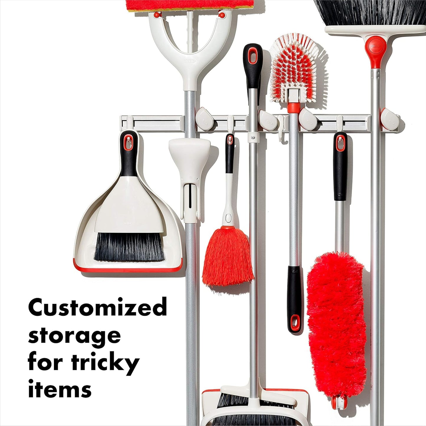 OXO Good Grips Wall-Mounted Mop and Broom Organizer | Customizable Organization, Holds Up to 5 Tools, Ideal for Garage, Mudroom, or Utility Storage
