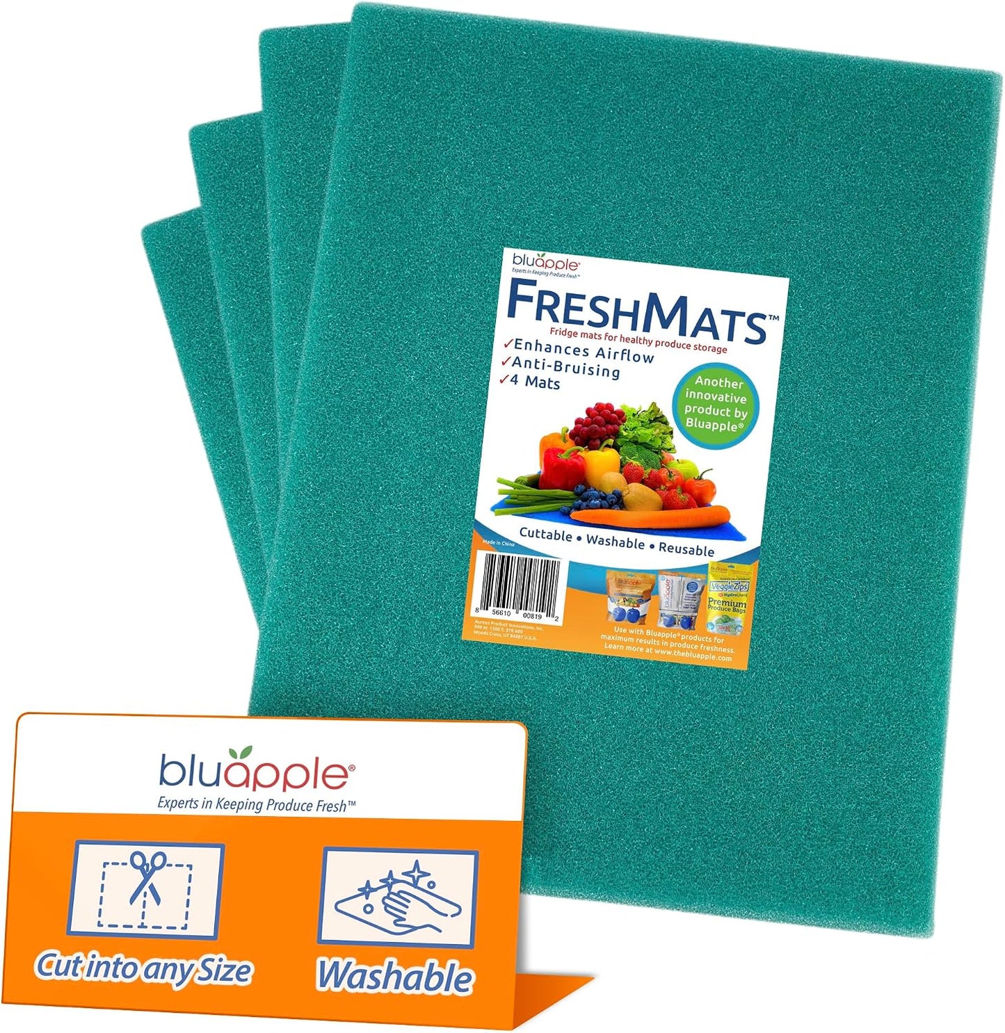 Bluapple FreshMats - Refrigerator Bin Liners, Fridge Drawer Mats - Keeps Produce Fresh Longer, Prevents Bruising, Promotes Air Circulation - BPA-Free Polyurethane Foam - (4-Piece Set, 12"x15", Green)
