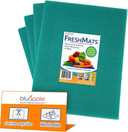 Bluapple FreshMats - Refrigerator Bin Liners, Fridge Drawer Mats - Keeps Produce Fresh Longer, Prevents Bruising, Promotes Air Circulation - BPA-Free Polyurethane Foam - (4-Piece Set, 12"x15", Green)