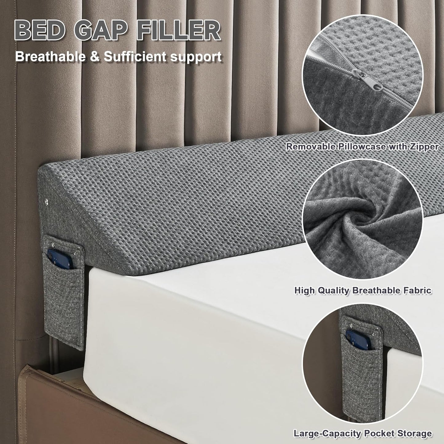 IFNOW Queen Size(60"x6"x10") Bed Wedge Pillow for Headboard, Mattress Gap Filler(0-8"), Bed Wedge for Gap Between Your Headboard and Mattress Dark Grey | High-Density Foam,Fills 0-8"Mattress Gap,Prevents Pillow & Items Falling,Works with Headboard or