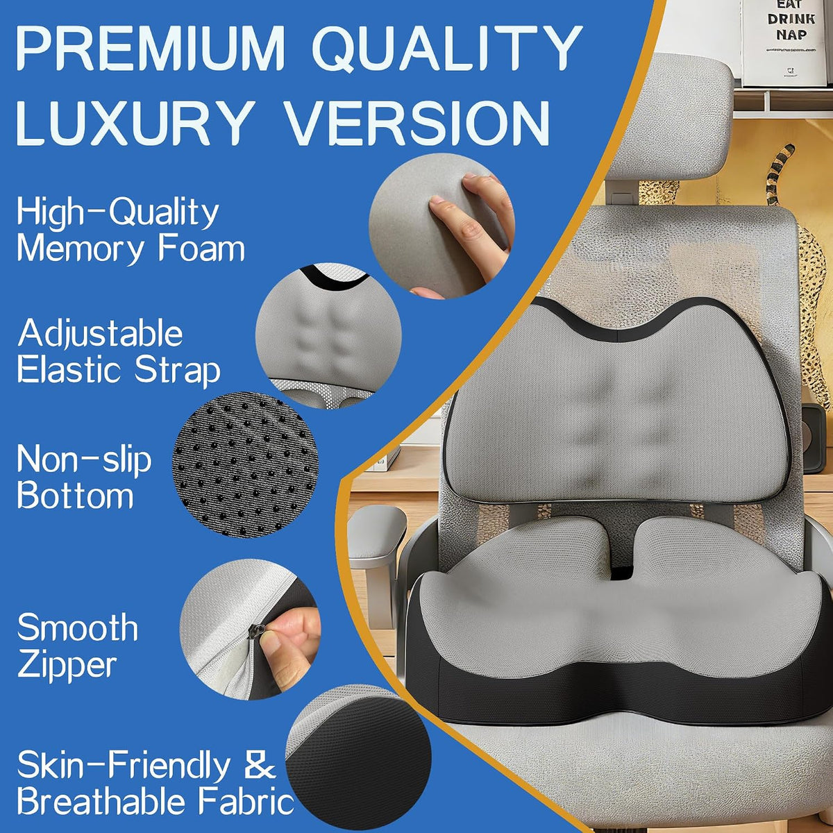 Benazcap Large Memory Foam Seat Cushion Lumbar Support Pillow for Sciatica & Tailbone Pressure Relief Coccyx Pad for Office Chair, Wheelchair, Car, Home, Office, Blue