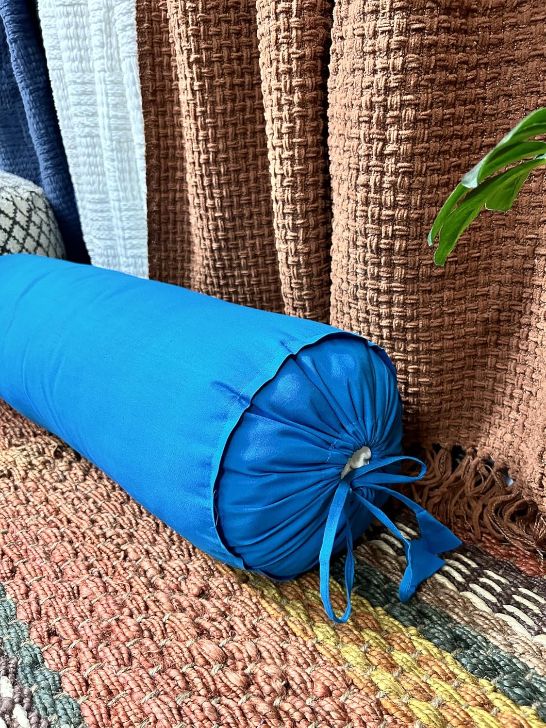 Saffron HANDICRAFTS Cotton 240TC - Bolster Cover Full Round Removable Cover for Neck Roll, Leg Rest,Yoga Practice, Meditation, Bed Sofa Couch (Teal Blue, 8"x24"(20 cm x 60 cm))