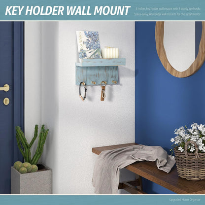 Rebee Vision Key Holder Wall Mount with Shelf for Entryway, Distressed Blue | Key and Mail Holder for Wall, Shelf, 4 Key Hooks, Farmhouse Decor, Room Decor Aesthetic, Compact Home Storage, Wall Organizer