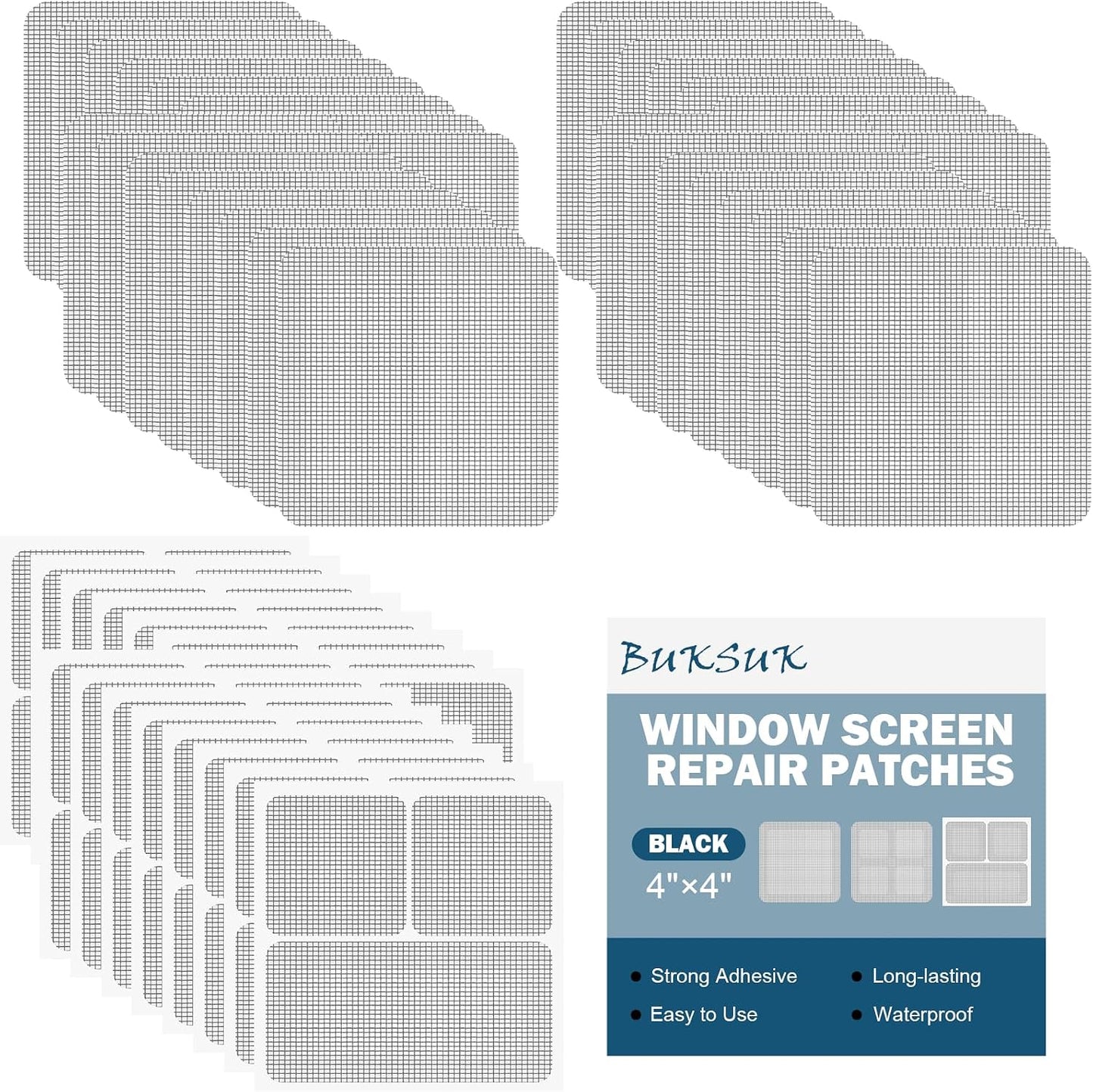 48 Sheets Window Screen Patches Repair Kit, 4 Sizes Window Screen Repair Tape, Strong Adhesive, Fiberglass Quick-Access (Black)