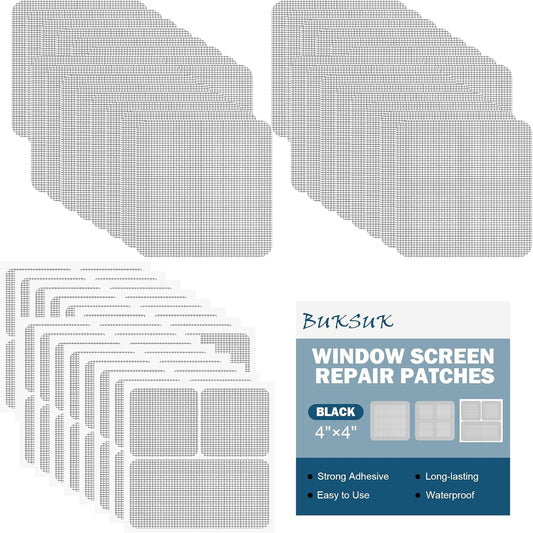 48 Sheets Window Screen Patches Repair Kit, 4 Sizes Window Screen Repair Tape, Strong Adhesive, Fiberglass Quick-Access (Black)