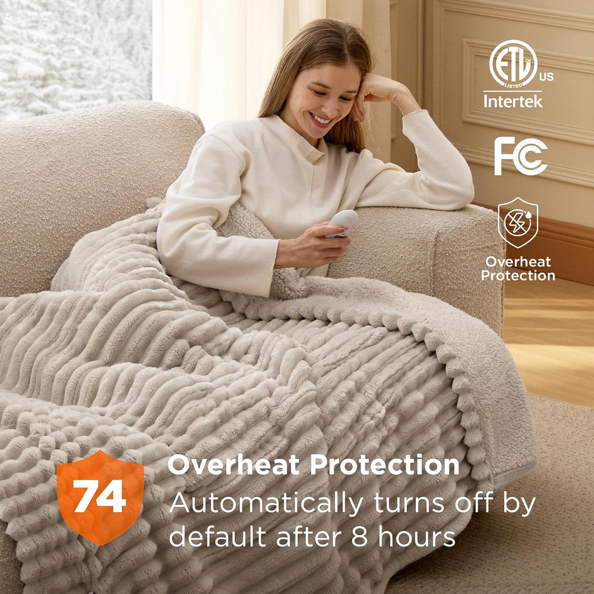 Bedsure Heated Blanket Electric Throw - Thick Striped Fast Heating Electric Blanket with Preheat Function, 6 Heat & 6 Timer (Up to 10H), 8H Auto Off, ETL Certified, Gifts for Women (50"x60", White)
