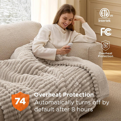 Bedsure Heated Blanket Electric Throw - Thick Striped Fast Heating Electric Blanket with Preheat Function, 6 Heat & 6 Timer (Up to 10H), 8H Auto Off, ETL Certified, Gifts for Women (50"x60", White)