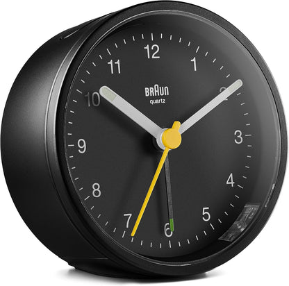 Braun Classic Analogue Alarm Clock with Snooze and Light, Quiet Quartz Movement, Crescendo Beep Alarm in White, Model BC12W.