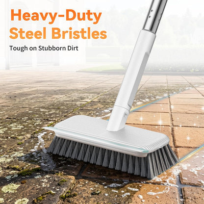 Floor Scrubber, Stainless Steel Wire Scrub Brush with Long Handle | Sturdy, with Squeegee, Deep Cleaning for Concrete, Patio, Driveway, Garage Floor, Pavers, Grout & Moss Removal