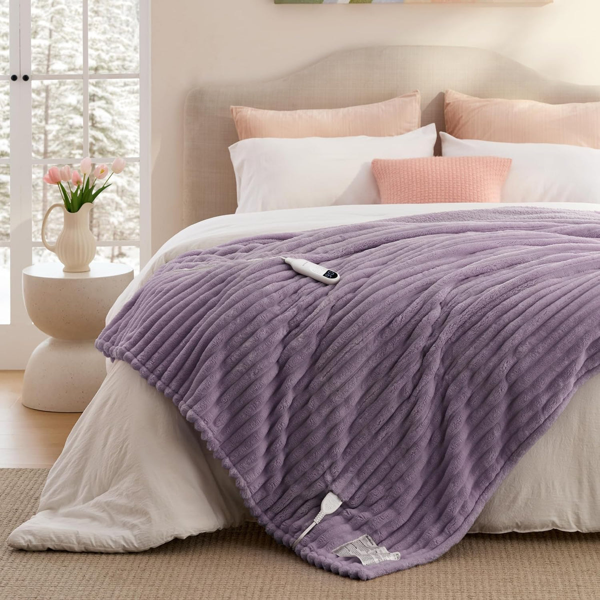 Bedsure Heated Blanket Electric Throw - Thick Striped Fast Heating Electric Blanket with Preheat Function, 6 Heat & 6 Timer (Up to 10H), 8H Auto Off, ETL Certified, Gifts for Women (50"x60", White)