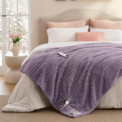 Bedsure Heated Blanket Electric Throw - Thick Striped Fast Heating Electric Blanket with Preheat Function, 6 Heat & 6 Timer (Up to 10H), 8H Auto Off, ETL Certified, Gifts for Women (50"x60", White)