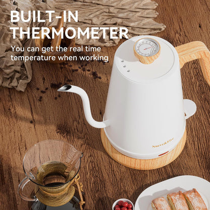 Nueve&Five Electric Gooseneck Kettle with Thermometer, 1.0L Pour Over Hot Water Kettle for Coffee and Tea, 1000W, Auto Shutoff, Boil-Dry Protection, Matte Black