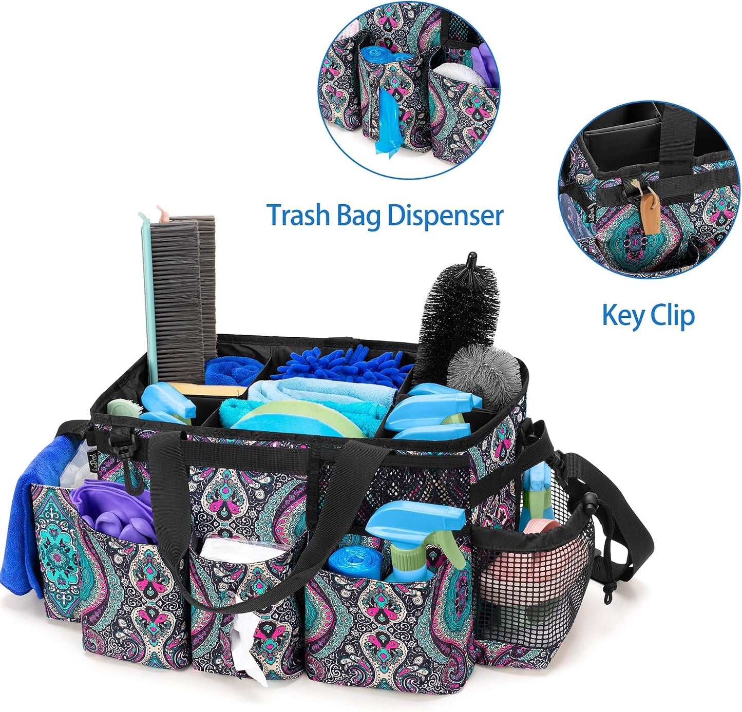 LoDrid Wearable Cleaning Caddy Bag with 4 Foldable Dividers, Black | Cleaning Supply Organizer with Shoulder Strap and Side Handles for Cleaners & Housekeepers