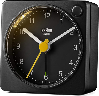 Braun Classic Travel Analogue Alarm Clock with Snooze and Light, Compact Size, Quiet Quartz Movement, Crescendo Beep Alarm in Black, Model BC02XB.