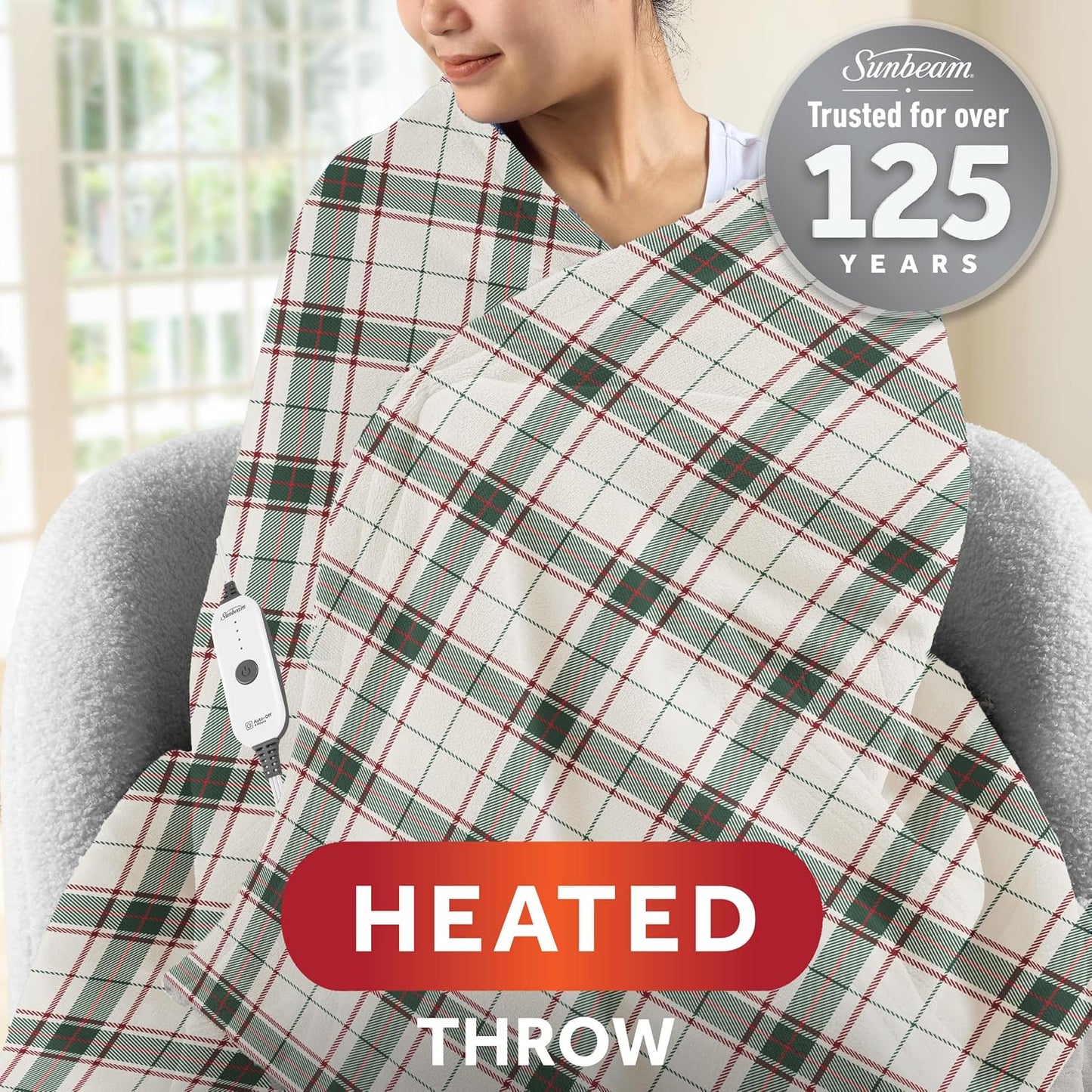 Sunbeam Royal Posh Dove Grey Heated Personal Throw / Blanket, Cozy-Warm, Adjustable Heat Settings