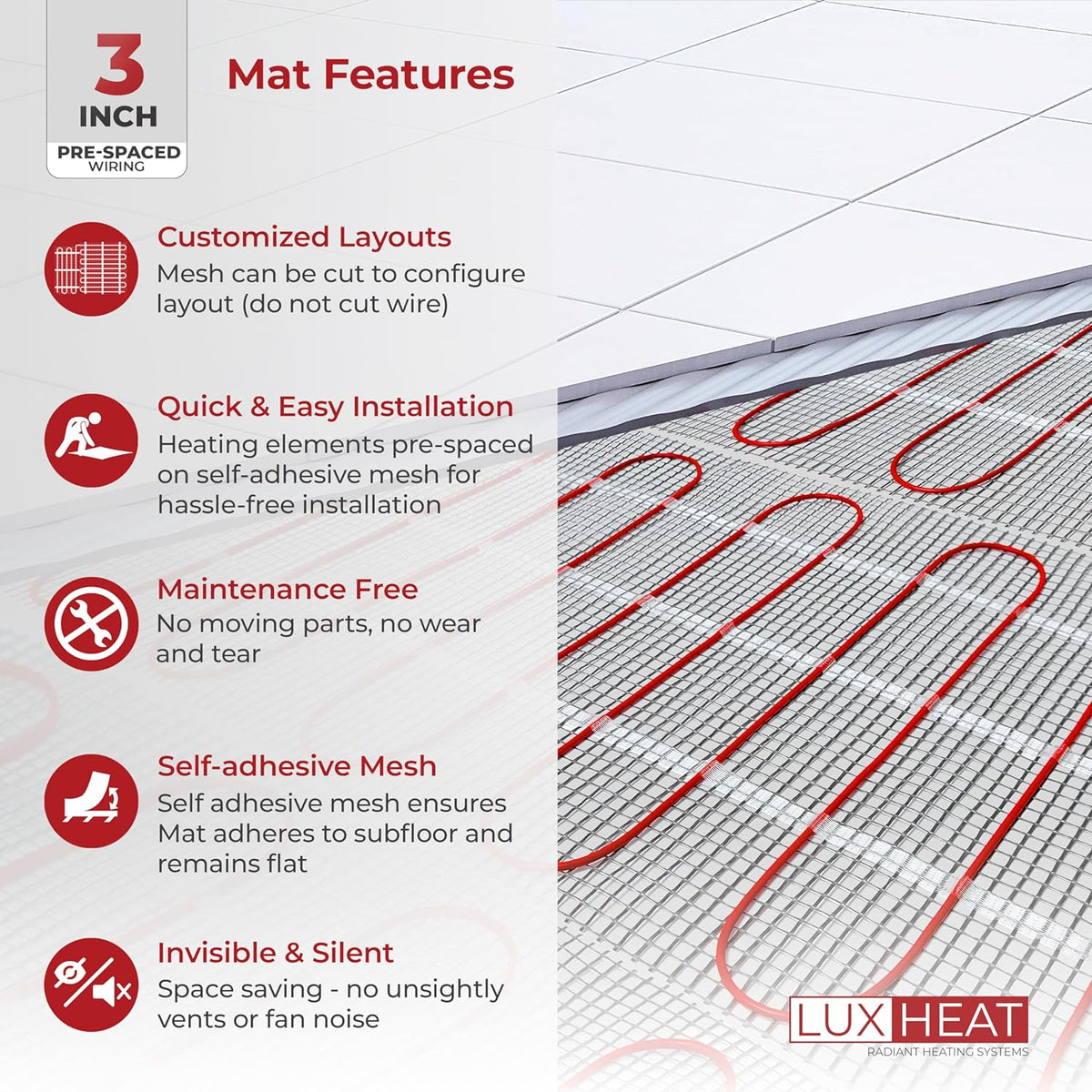 LuxHeat 60 sqft Floor Heat System, Prog Thermostat - 120V Heated Floor Mat