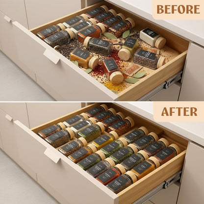 Bamboo Spice Drawer Organizer - Expandable 4 Tier Spice Rack (Need 3" Deep Drawer) 12" to 24" Wide, Seasoning Organizer, Organization Seasoning Rack insert (Jars Not Included)