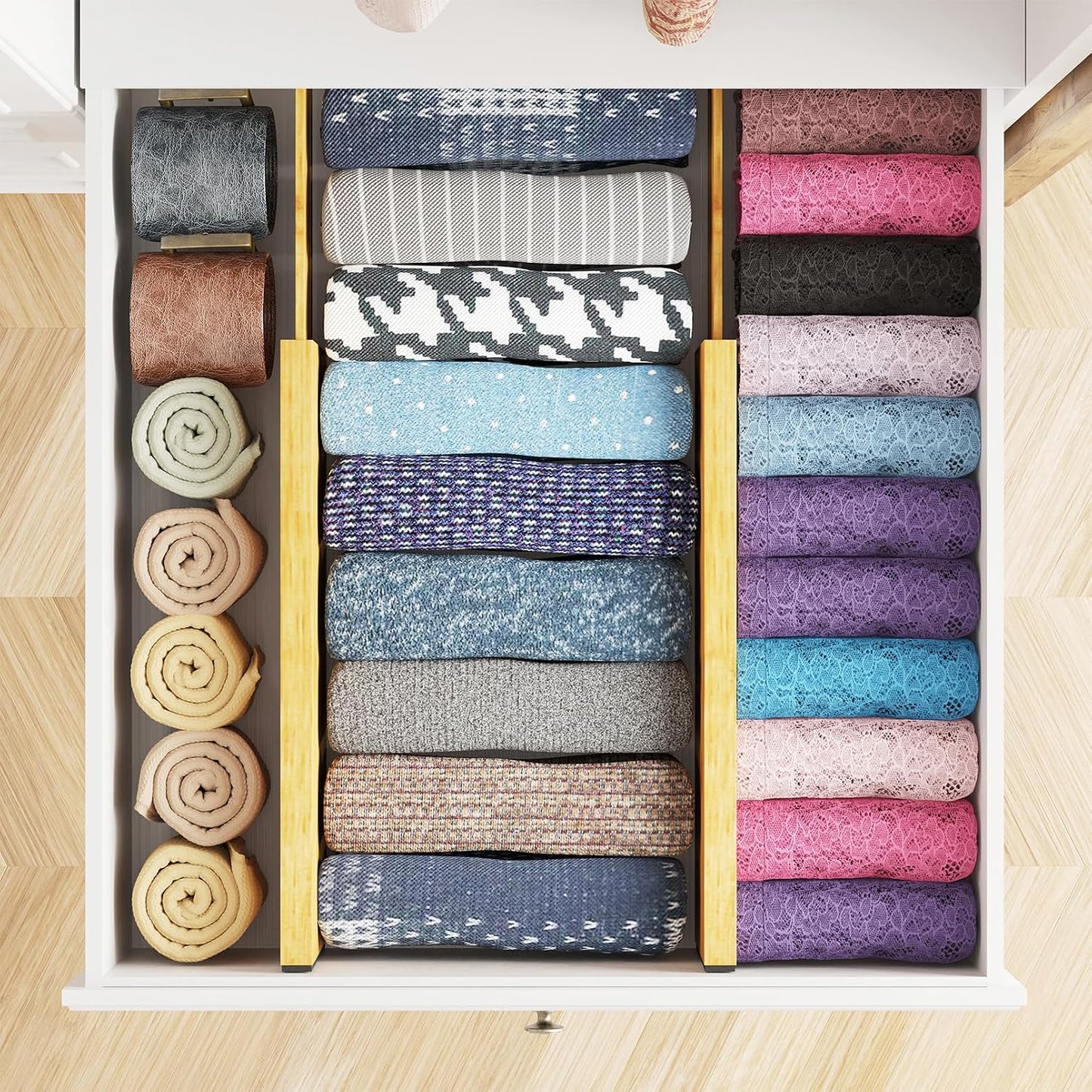 SpaceAid Bamboo 4 Pack Dresser Drawer Dividers, 4.65“ High Adjustable 12.5“-17” Drawer Organizers, Expandable Organization for Clothing, Clothes, Dressers, Black