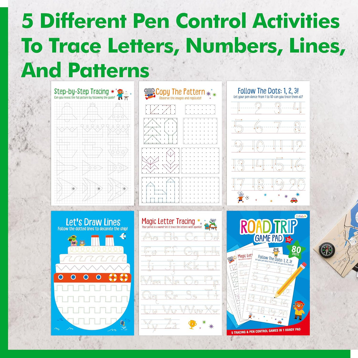 Road Trip Game Pad, 80 Perforated Sheets Travel Activity Pad, 5 Games in 1 Pad, Plane, Car Trip Activity, Pen Pencil & Paper Game for Kids, Adults (6” x 9”)