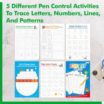 Road Trip Game Pad, 80 Perforated Sheets Travel Activity Pad, 5 Games in 1 Pad, Plane, Car Trip Activity, Pen Pencil & Paper Game for Kids, Adults (6” x 9”)