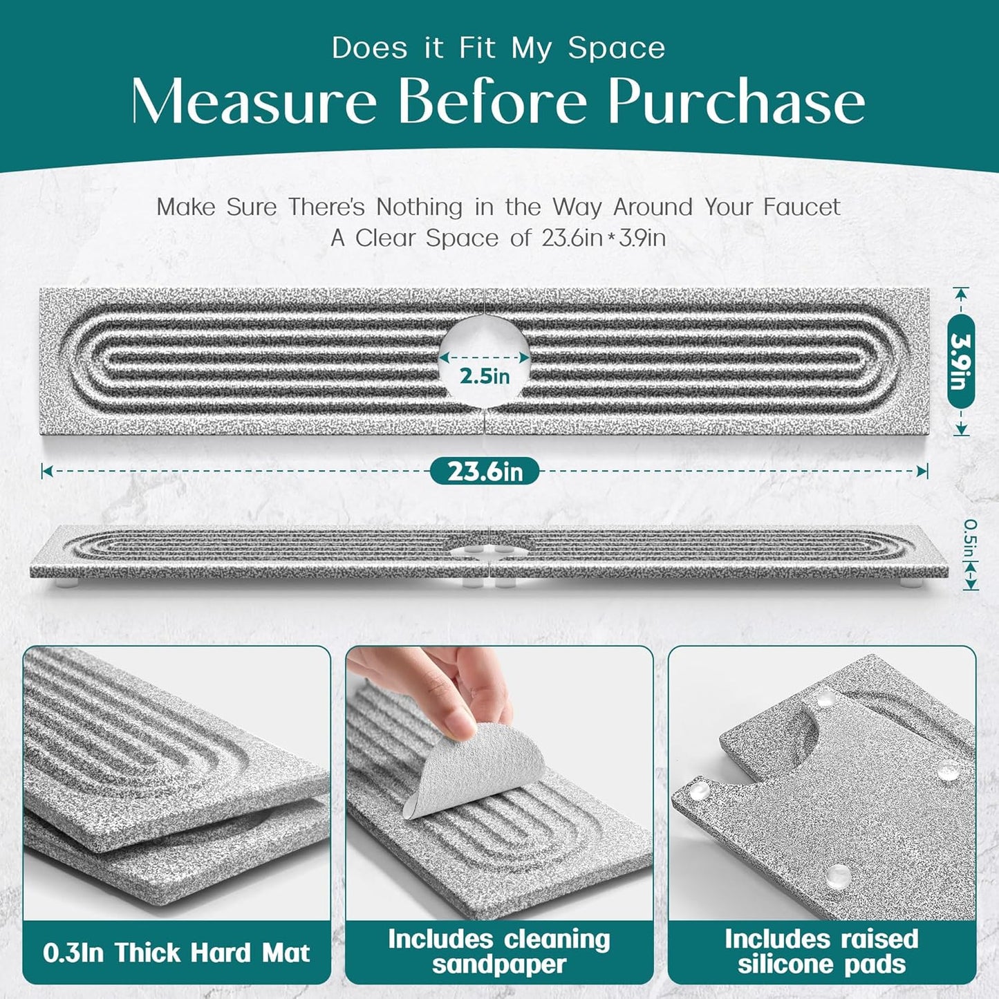 Stone Faucet Mat for Kitchen Sink – Diatomite Drying Stone Mat & Sink Protector, Prevents Moisture – Sink Splash Guard Water-Absorbing Stone Tray for Bathroom Counter (Light Grey, 20" x 3.9")