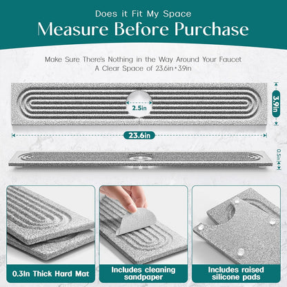 Stone Faucet Mat for Kitchen Sink – Diatomite Drying Stone Mat & Sink Protector, Prevents Moisture – Sink Splash Guard Water-Absorbing Stone Tray for Bathroom Counter (Light Grey, 20" x 3.9")