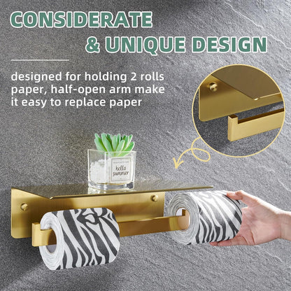 APLusee Matte Black Toilet Paper Holder with Storage Shelf, Wall Mounted | Rustproof 304 Stainless Steel, 2-in-1 Functional Toilet Paper and Phone Storage, Fits Bathroom, Restroom, Vanity, Kitchen