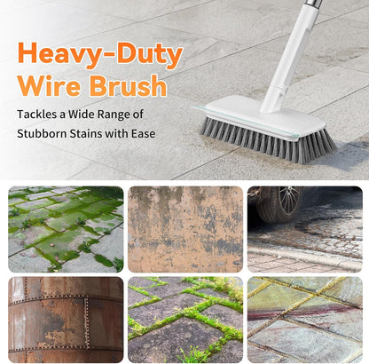 Floor Scrubber, Stainless Steel Wire Scrub Brush with Long Handle | Sturdy, with Squeegee, Deep Cleaning for Concrete, Patio, Driveway, Garage Floor, Pavers, Grout & Moss Removal