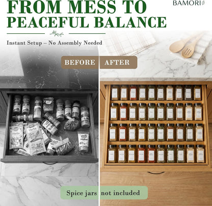 Bamboo Spice Drawer Organizer, Expandable 12 to 23 Inch Insert Holds 48 Jars, 4 Tier Seasoning Rack for Kitchen Drawer or Countertop, Adjustable Wood Spice Organizer