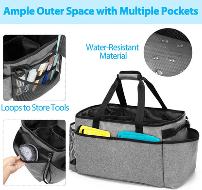 HODRANT Extra-Large Cleaning Caddy with Handles & Multi Pockets | Large Capacity Tote Bag for Cleaning Tools & Products Storage, Cleaner Organizer for Car, Home & Housekeeping Work, Gray
